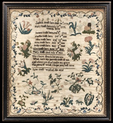 Lot 437 - Sampler. A genealogical needlework by Jane Smith, 1820