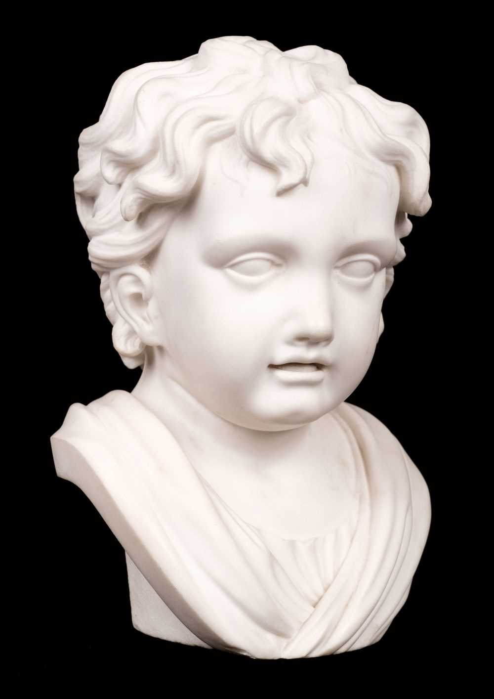 Lot 139 - Manner of François DuQuesnoy (1597-1643). Bust of a small boy, 18th century, white marble