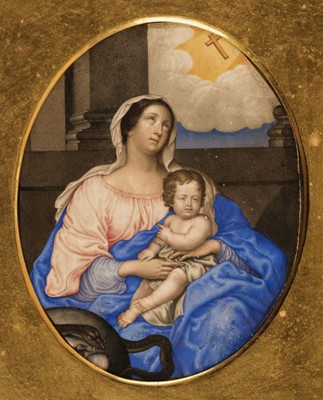 Lot 18 - French School. Virgin and Child before a Parapet, late 17th Century, gouache in the stippled manner