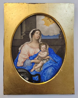 Lot 18 - French School. Virgin and Child before a Parapet, late 17th Century, gouache in the stippled manner