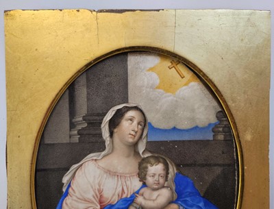 Lot 18 - French School. Virgin and Child before a Parapet, late 17th Century, gouache in the stippled manner