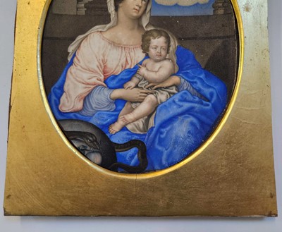 Lot 18 - French School. Virgin and Child before a Parapet, late 17th Century, gouache in the stippled manner