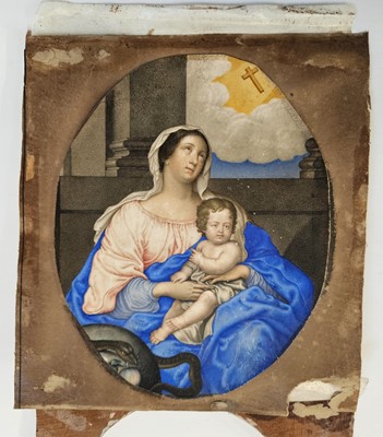 Lot 18 - French School. Virgin and Child before a Parapet, late 17th Century, gouache in the stippled manner