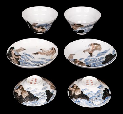 Lot 135 - Teacups. A pair of Japanese polychrome porcelain teacup sets, Meiji Period