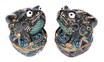 Lot 183 - Novelty Boxes. Pair of cloisonné toad shaped boxes