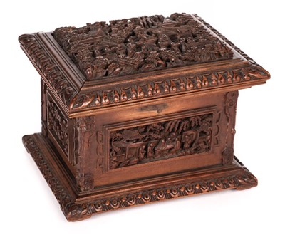 Lot 305 - Canton Box. A 19th century Chinese carved wood box