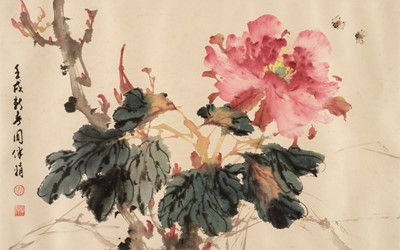 Lot 561 - Banjuan (Zhou). Study of flowers with insects, watercolour on paper plus two others