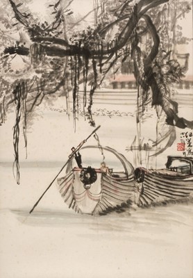 Lot 592 - Jirong (Wan, 20th century). Figures on a boat, watercolour on paper