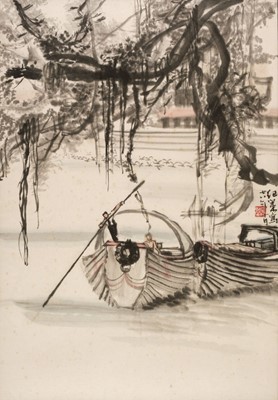 Lot 335 - Jirong (Wan, 20th century). Figures on a boat, watercolour on paper