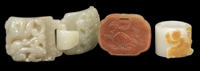 Lot 321 - Jade. Chinese jade belt buckle, archers ring and pei