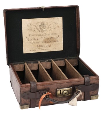 Lot 384 - Cartridge Box. Cogswell & Harrison brown leather brass bound cartridge case circa 1910