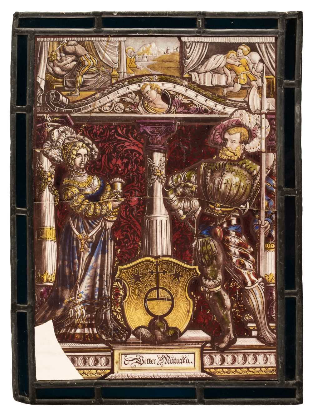 Lot 376 - Stained glass. A German 16th century style stained glass panel, 19th century