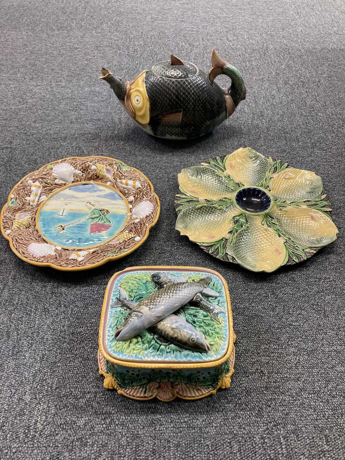 Lot 256 - Majolica. Victorian majolica pottery sardine dish and other items