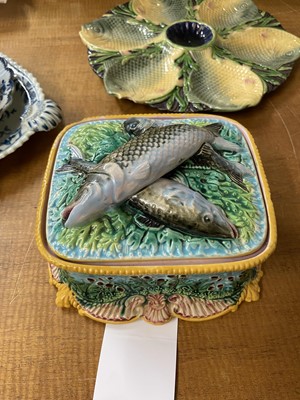 Lot 256 - Majolica. Victorian majolica pottery sardine dish and other items