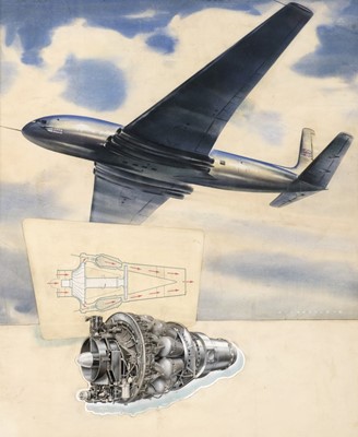 Lot 49 - Gildersleve. BOAC with engine designs, 1951, watercolour and collage