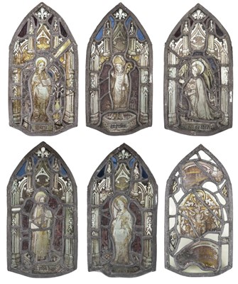 Lot 377 - Stained Glass. A set of 6 arch shaped stained glass panels, 19th century