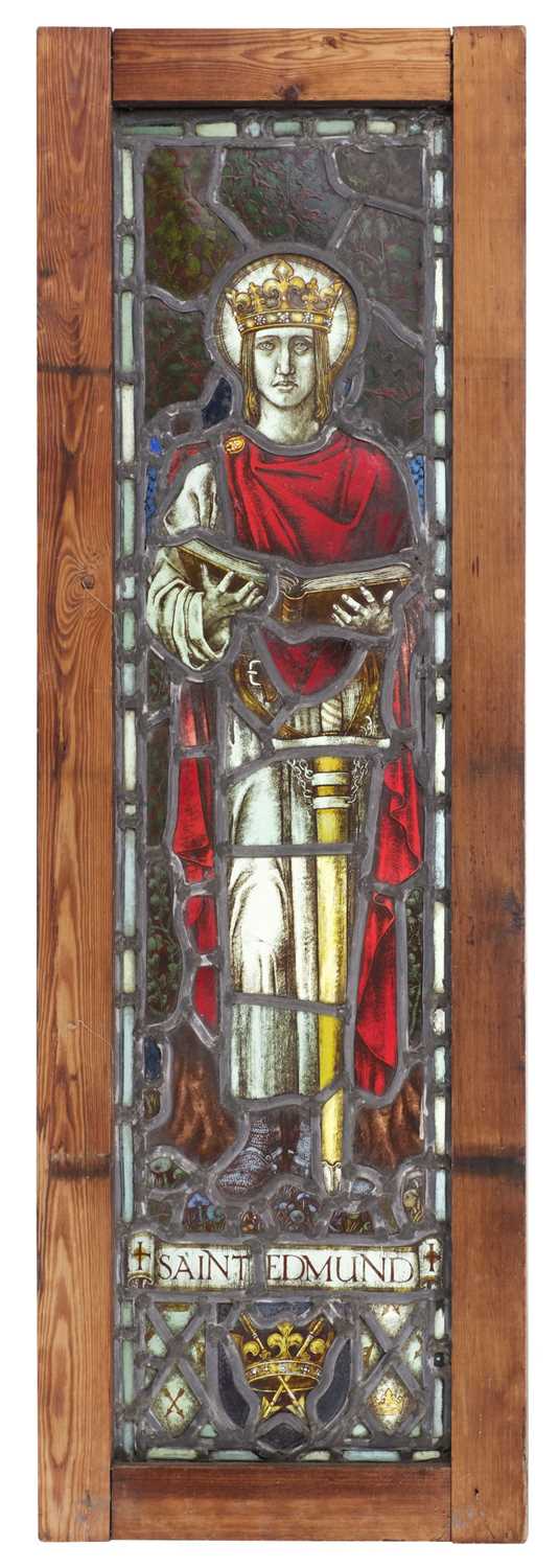 Lot 378 - Stained Glass. A stained glass panel depicting Saint Edmund, 19th-century