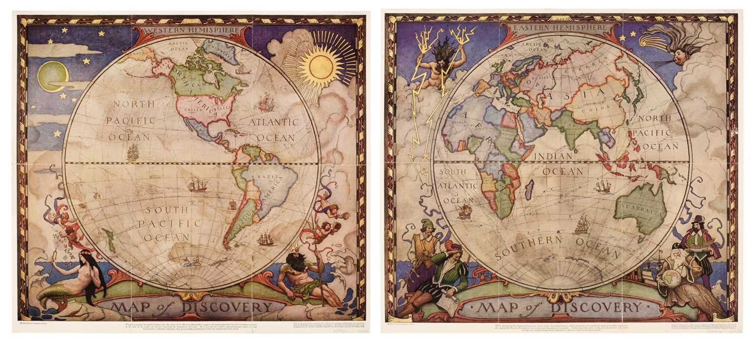 Lot 130 - World. Wyeth (N. C.). Map of Discovery. Eastern & Western Hemispheres, 1928