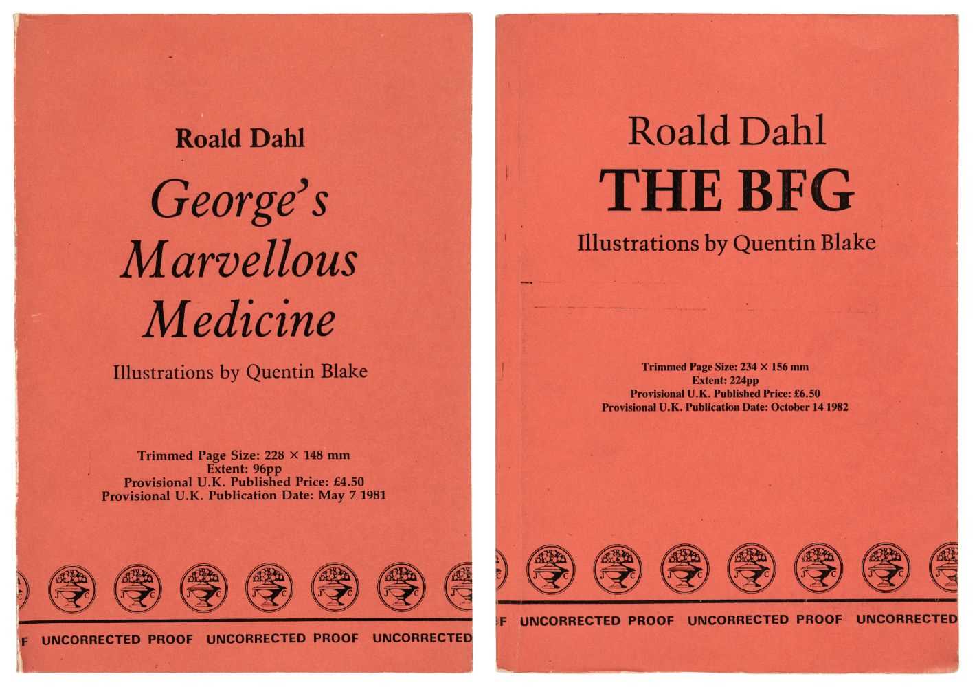 Lot 629 - Dahl (Roald). George's Marvellous Medicine, 1981, The BFG, 1982, uncorrected proofs