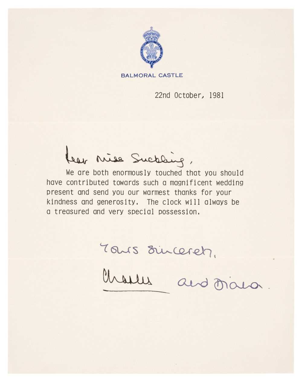 Lot 256 - Charles III (Philip Arthur George, born 1948). Typed Letter Signed, Balmoral Castle