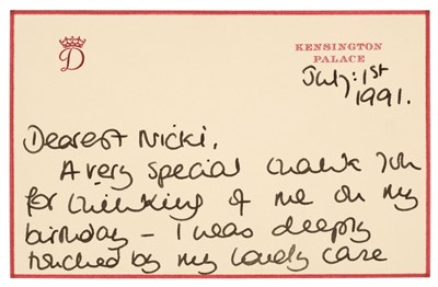 Lot 274 - Diana, Princess of Wales. Autograph Correspondence Card Signed, 1991