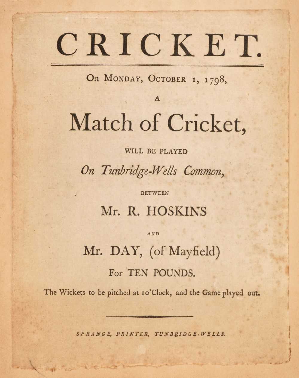 Lot 217 - Cricket Broadside. Cricket. On Monday, October 1, 1798, a Match of Cricket