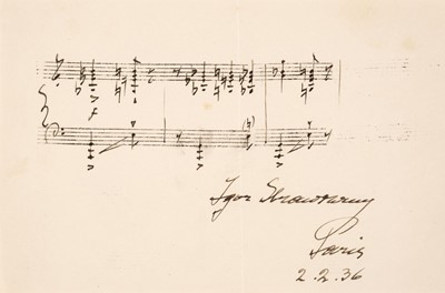 Lot 369 - Stravinsky (Igor, 1882-1971). Autograph Musical Quotation Signed, ’Igor Stravinsky’