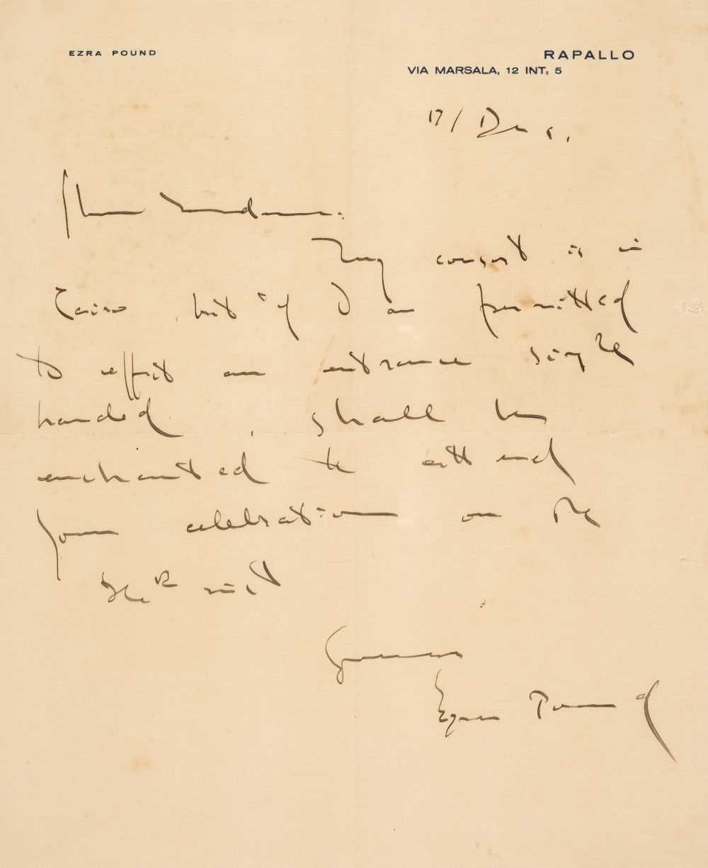 Lot 362 - Pound (Ezra, 1885-1972). Autograph Letter Signed, ‘Ezra Pound’, [Italy], 17 December, c. 1925