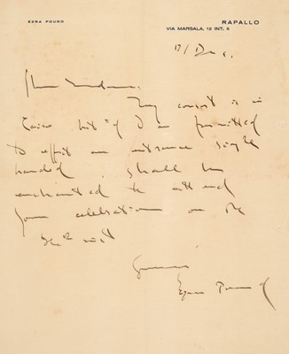 Lot 362 - Pound (Ezra, 1885-1972). Autograph Letter Signed, ‘Ezra Pound’, [Italy], 17 December, c. 1925