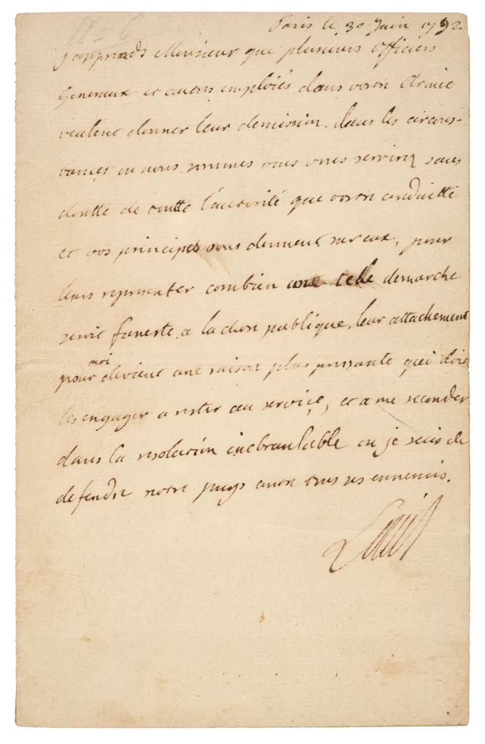 Lot 295 - Louis XVI (King of France, 1754-1793). Manuscript letter, signed by Louis XVI, dated Paris, le 30 Juin 1792