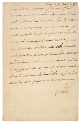 Lot 295 - Louis XVI (King of France, 1754-1793). Manuscript letter, signed by Louis XVI, dated Paris, le 30 Juin 1792