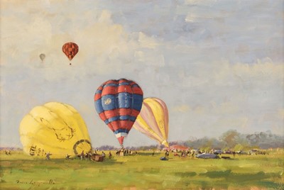 Lot 89 - Longueville (James, 1942 -). Hot Air Balloons at Chalmondey Castle, oil on board