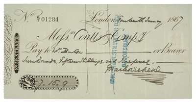 Lot 337 - Dickens (Charles, 1812-1870). Cheque signed 'Charles Dickens', London, 14 January 1867