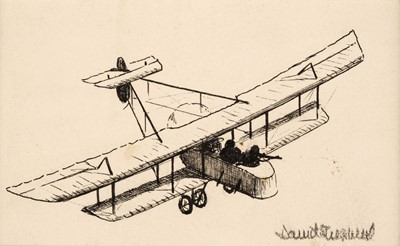 Lot 58 - Shepherd (David, 1931-2017). Henri Farman biplane with observer firing, pen and ink