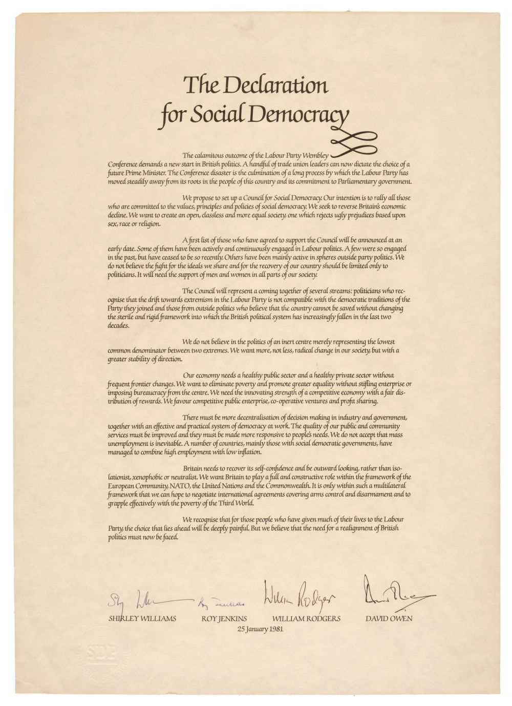 Lot 398 - Limehouse Declaration. The Declaration for Social Democracy, 25 January 1981