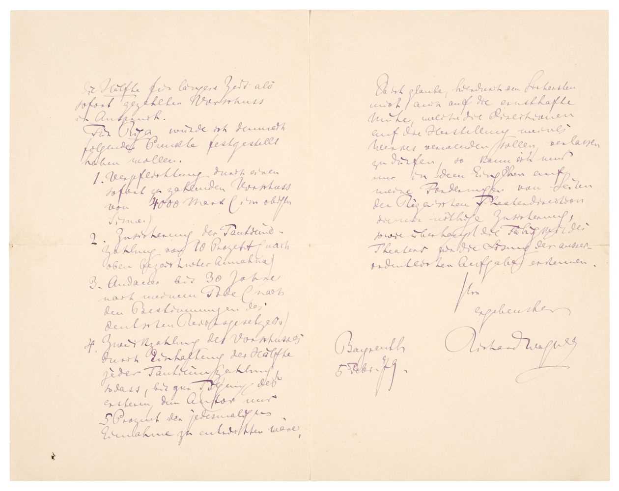 Lot 370 - Wagner (Richard, 1813-1883). Fine Autograph Letter Signed, ‘Richard Wagner’, 5 February 1879