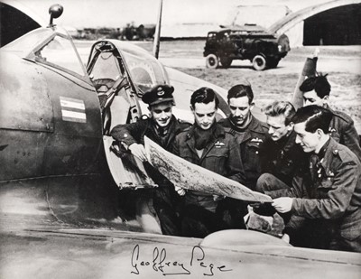 Lot 39 - Wing Commander Geoffrey Page, DSO, OBE, DFC & Bar, a signed black and white photograph