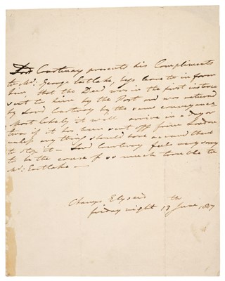 Lot 335 - Courtenay (William ‘Kitty’, 1768-1835). Autograph Letter Signed in the third person (three times)