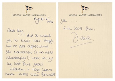 Lot 276 - Diana (1961-1997). Autograph Letter Signed, 'Diana', Motor Yacht Alexander, 16 August 1992