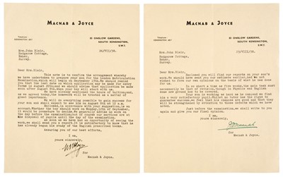 Lot 346 - Joyce (William Brooke, 1906-1946). Typed Letter Signed, Macnab & Joyce letterhead, 26 July 1938