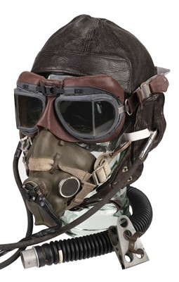 Lot 154 - Flying Helmet. WWII period brown leather flying helmet, H type oxygen mask and goggles