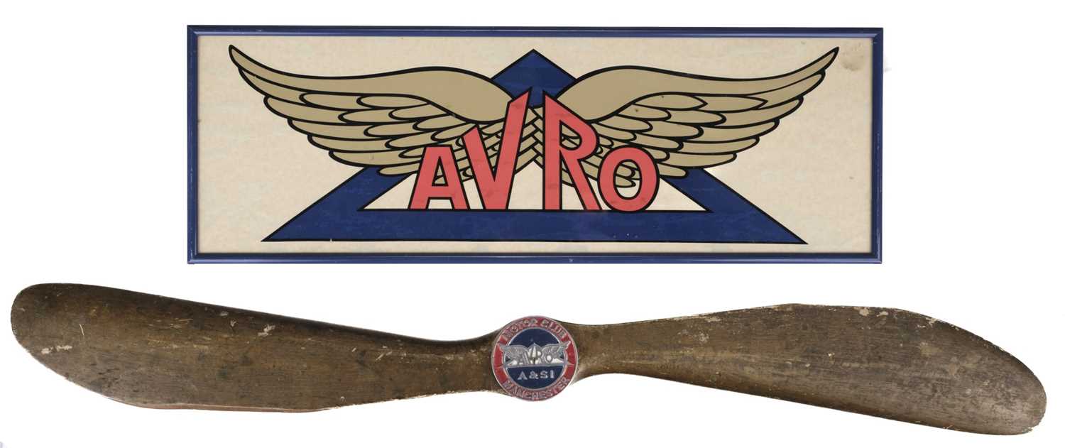 Lot 174 - Avro Motor Club. A propeller-mounted car badge and framed logo, circa 1930s-40s