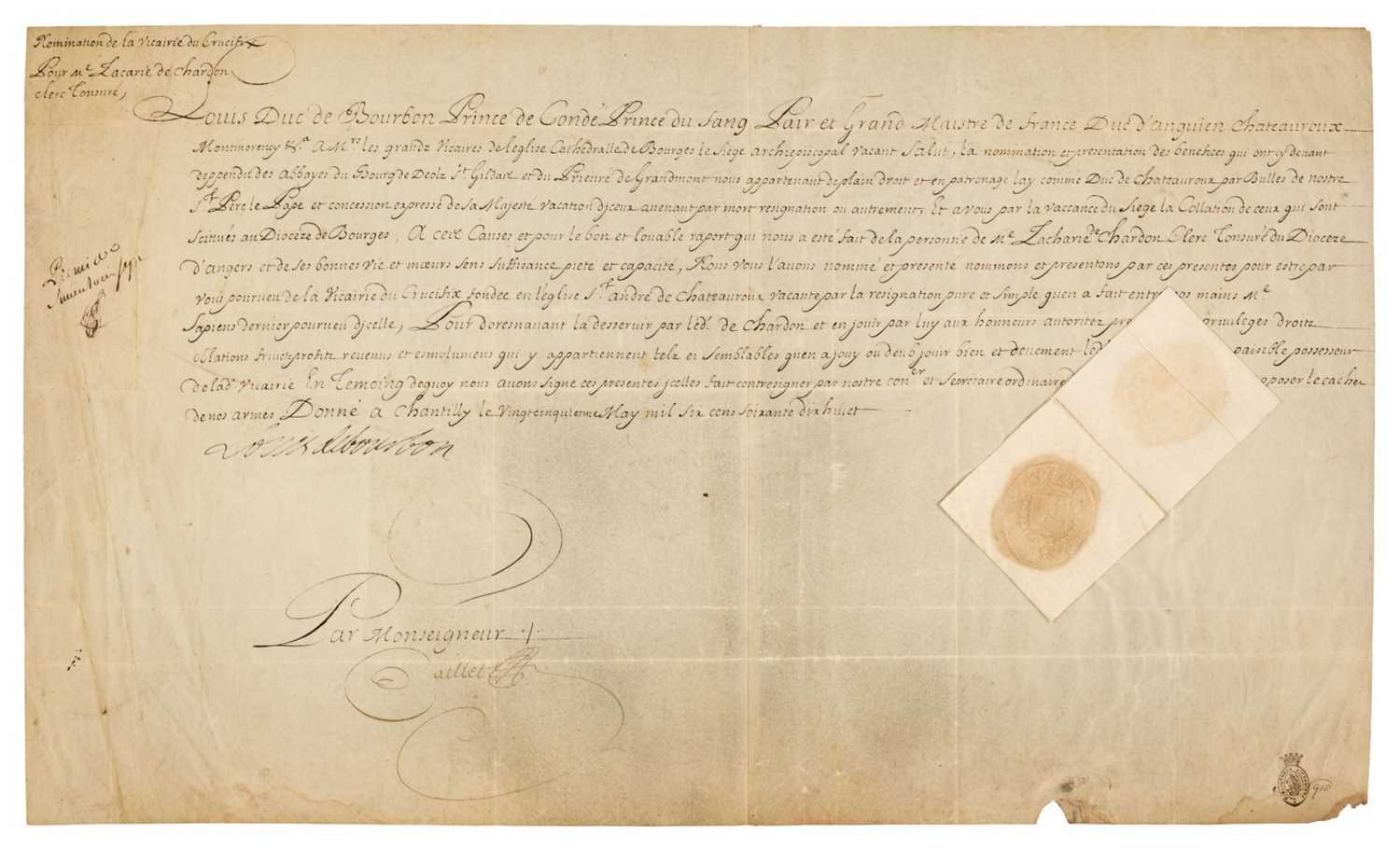 Lot 292 - Louis Henri Joseph de Bourbon (1756-1830). Document Signed, 'Louis debourbon', Chantilly, 25 May 1678