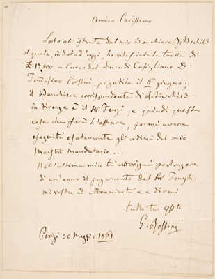 Lot 364 - Rossini (Gioachino Antonio, 1792-1868). Autograph Letter Signed, 'G. Rossini', Paris, 20 May 1861