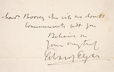 Lot 339 - Elgar (Edward, 1857-1934). Autograph Letter Signed, 'Edward Elgar', 13 July 1904