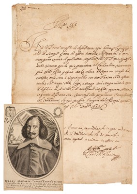 Lot 298 - Mazarin (Jules, 1602-1661). Letter Signed, 'Il Card. Mazarini', Paris, 26 January 1642