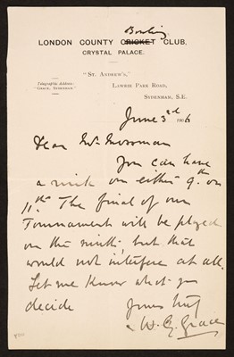 Lot 341 - Grace (William Gilbert, 1848-1915). Autograph Letter Signed, 'W.G. Grace', 3 June 1906