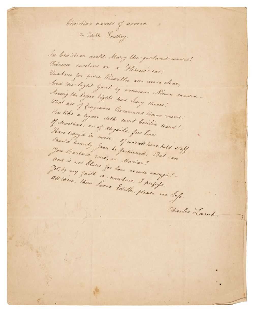 Lot 350 - Lamb (Charles, 1775-1834). Autograph Manuscript Poem Signed, 'Charles Lamb', c. 1830