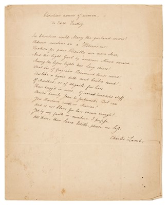 Lot 350 - Lamb (Charles, 1775-1834). Autograph Manuscript Poem Signed, 'Charles Lamb', c. 1830
