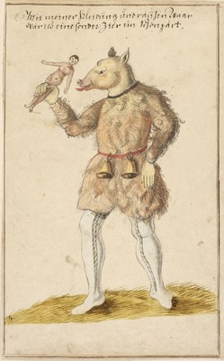 Lot 246 - Nuremberger Schonbart. Watercolour of a carnivalesque male figure with a pig's head and wolf's clothing, Nuremberg, 17th century, and 2 others